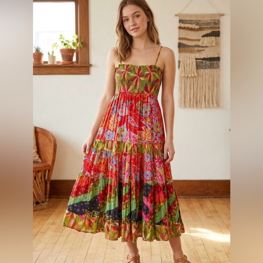 VTG 90s Boho Tiered Vibrant Patchwork Smocked Midi Maxi Dress Cotton Gauze